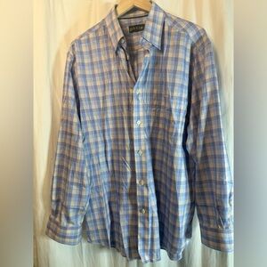 Orvis Men's Light Blue and Cream Plaid Button-Down Shirt